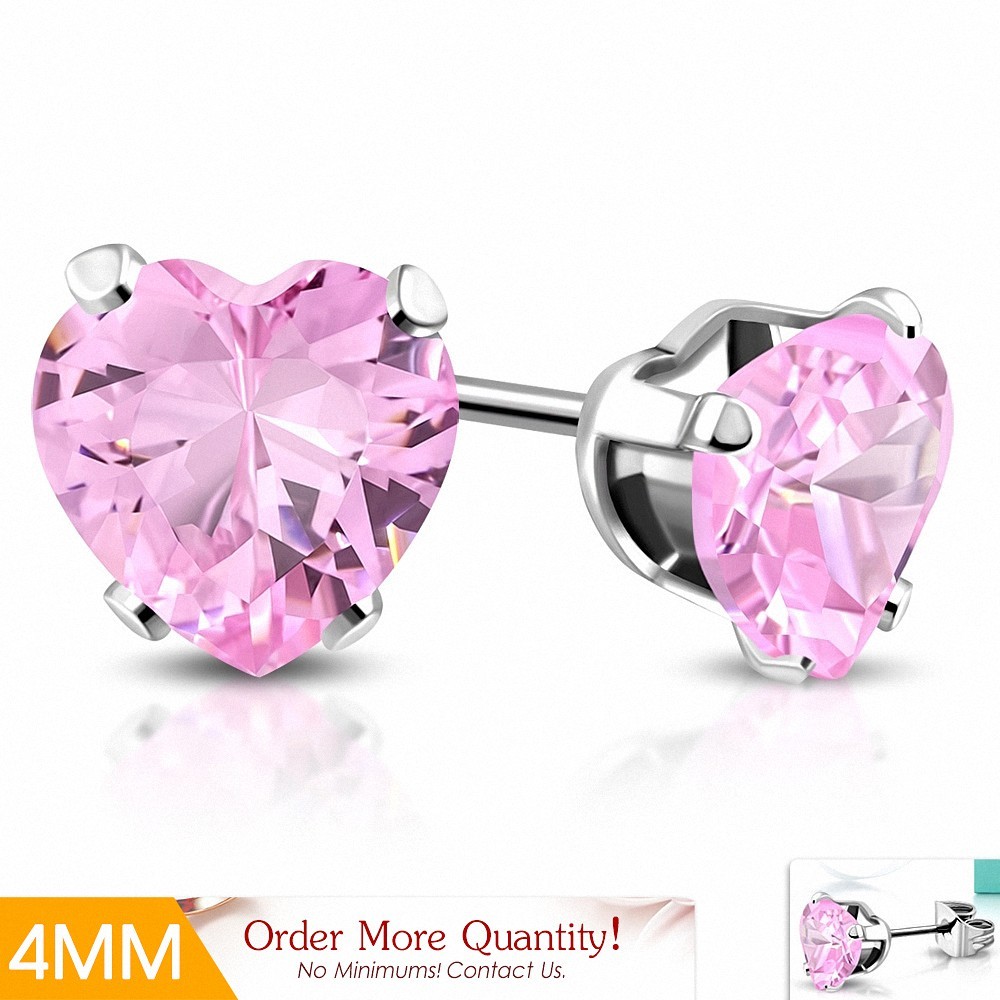 4mm | Boucles d'oreilles en forme de coeur en acier inoxydable avec cœur d'amour avec rose CZ rose (paire)