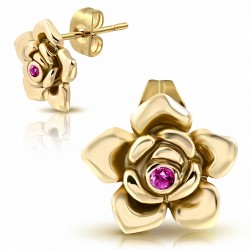 Boucles d'oreilles clous en acier inoxydable doré rose avec fleur en forme de rose avec rose CZ rose (paire)