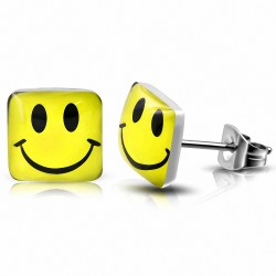 7mm | Boucles d'oreilles carrées Emoticon Heureux Emoticon 3 tons en acier inoxydable (Paire)