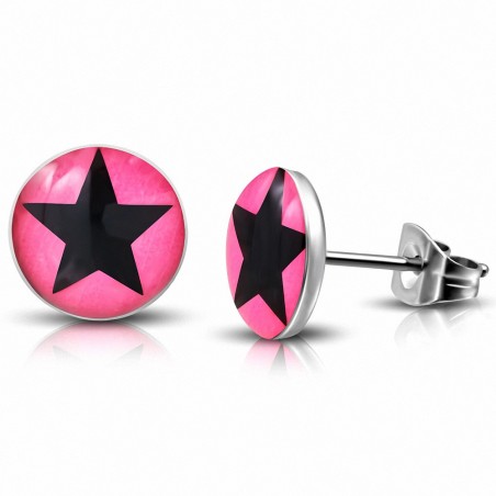 7mm | Boucles d'oreilles en acier inoxydable à 3 tons avec cercle rose et étoiles (paire)