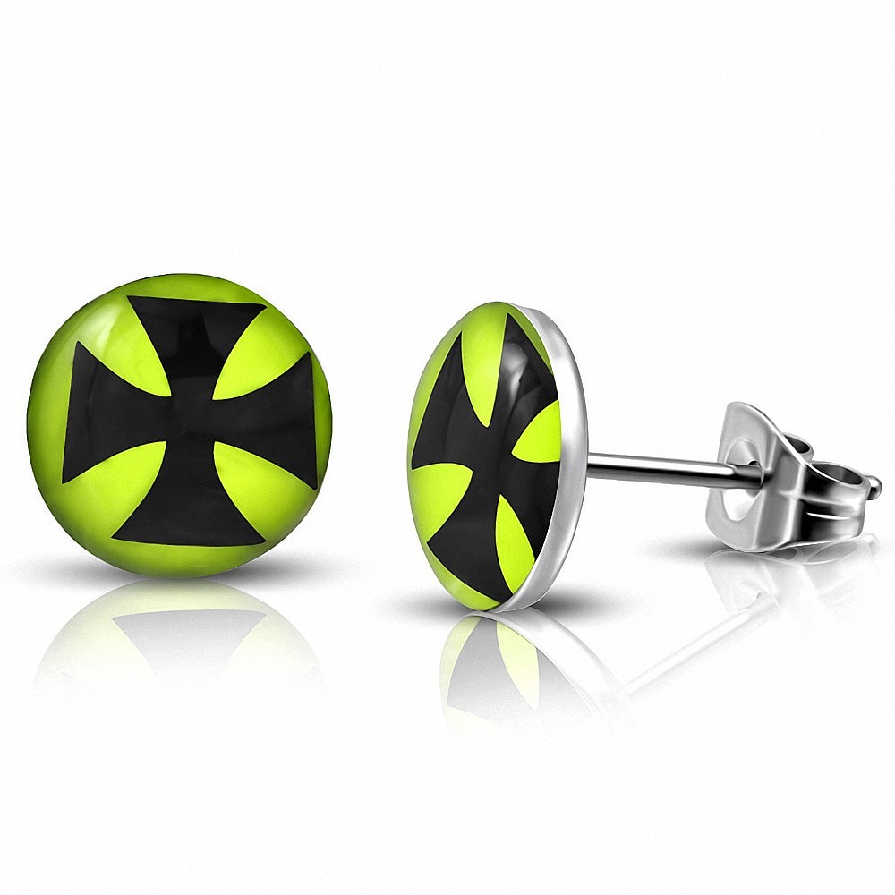 7mm | Boucles d'oreilles clous en acier inoxydable à 3 tons avec cercle croisé vert citron et pattee (paire)