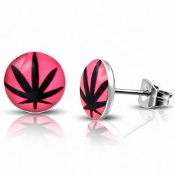 7mm | Boucles d'oreilles clous à cercle rose en forme de feuille Ganja Leaf en acier inoxydable à trois tons