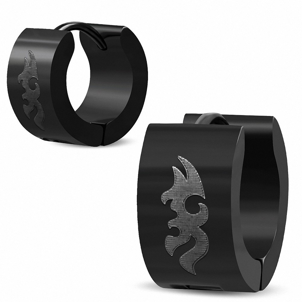 7mm | Boucles d'oreilles créoles Huggie en acier inoxydable noir 2 tons avec impression au laser de dragon (Paire)