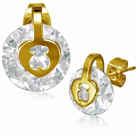 Boucles d'oreilles clous Teddy-Bear découpées en acier inoxydable plaqué de couleur d'or avec Clear CZ (paire)