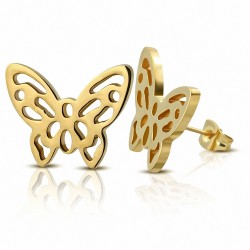 Boucles d'oreilles papillon en filigrane en acier inoxydable plaqué de couleur d'or (paire)