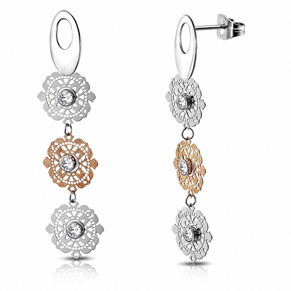 Boucles d'oreilles en forme de goutte de fleurs bicolores sablées en acier inoxydable avec CZ incolore (paire)