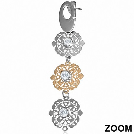 Boucles d'oreilles en forme de goutte de fleurs bicolores sablées en acier inoxydable avec CZ incolore (paire)