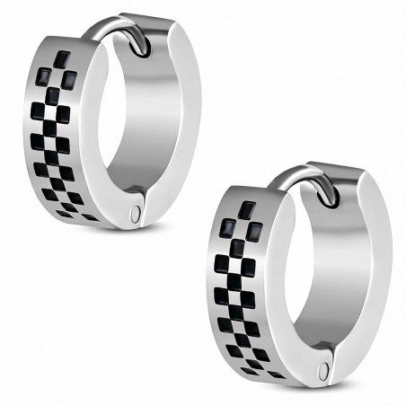 4mm | Boucles d'oreilles Huggie en acier inoxydable à damier / grille à deux tons (paire)