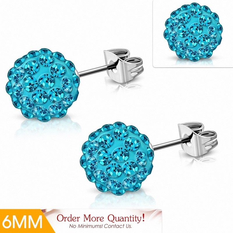 6mm | Boucles d'oreilles Shamballa en acier inoxydable Argil Disco Ball avec aigue-marine CZ (paire)