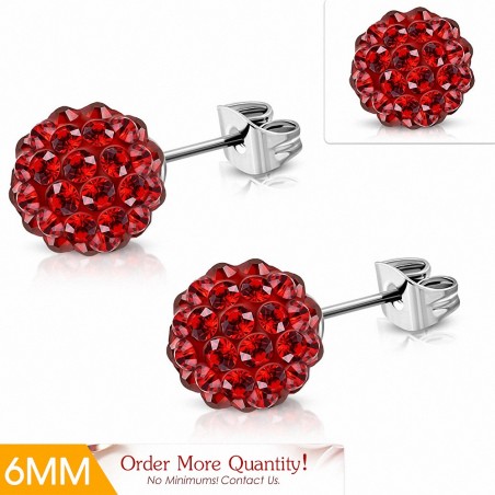 6mm | Boucles d'oreilles Shamballa en acier inoxydable Argil Disco Ball avec Rouge Siam CZ (paire)