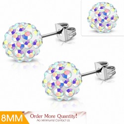 8mm | Boucles d'oreilles Shamballa en acier inoxydable Argil Disco Ball avec Aurore Boreale CZ (paire)