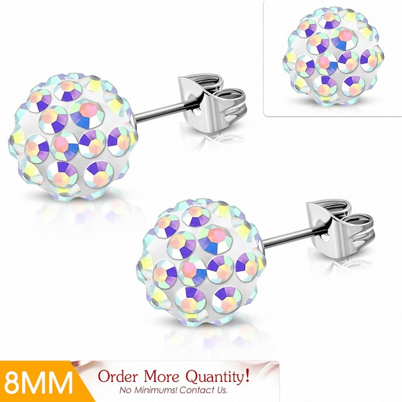 8mm | Boucles d'oreilles Shamballa en acier inoxydable Argil Disco Ball avec Aurore Boreale CZ (paire)