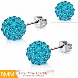 8mm | Boucles d'oreilles Shamballa en acier inoxydable Argil Disco Ball avec aigue-marine CZ (paire)