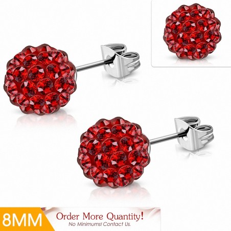 8mm | Boucles d'oreilles Shamballa en acier inoxydable Argil Disco Ball avec Rouge Siam CZ (paire)