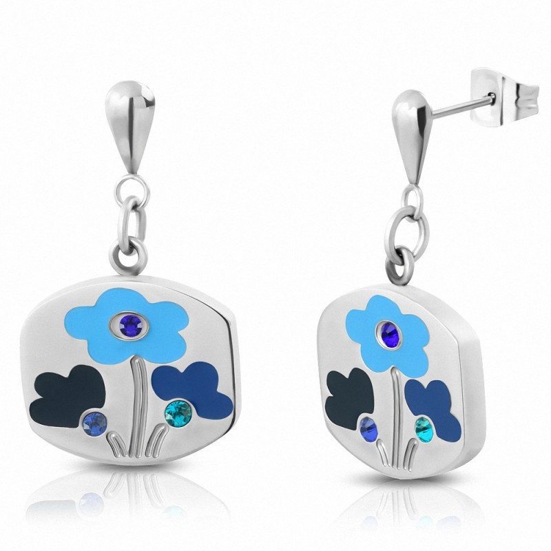 Boucles d'oreilles en forme de goutte de fleur émaillée en acier inoxydable avec saphir bleu CZ (paire)