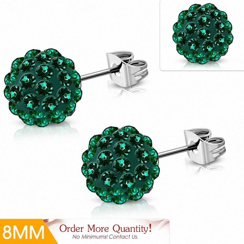 8mm | Boucles d'oreilles Shamballa en acier inoxydable Argil Disco Ball avec émeraude moyenne CZ (paire)