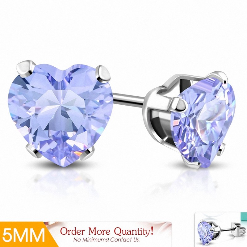 5mm | Boucles d'oreilles en forme de coeur en forme de coeur en acier inoxydable avec cœur violet / violet CZ (paire)