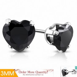 3mm | Boucles d'oreilles en forme de coeur en forme de coeur en acier inoxydable avec cœur en Jet Black CZ (paire)