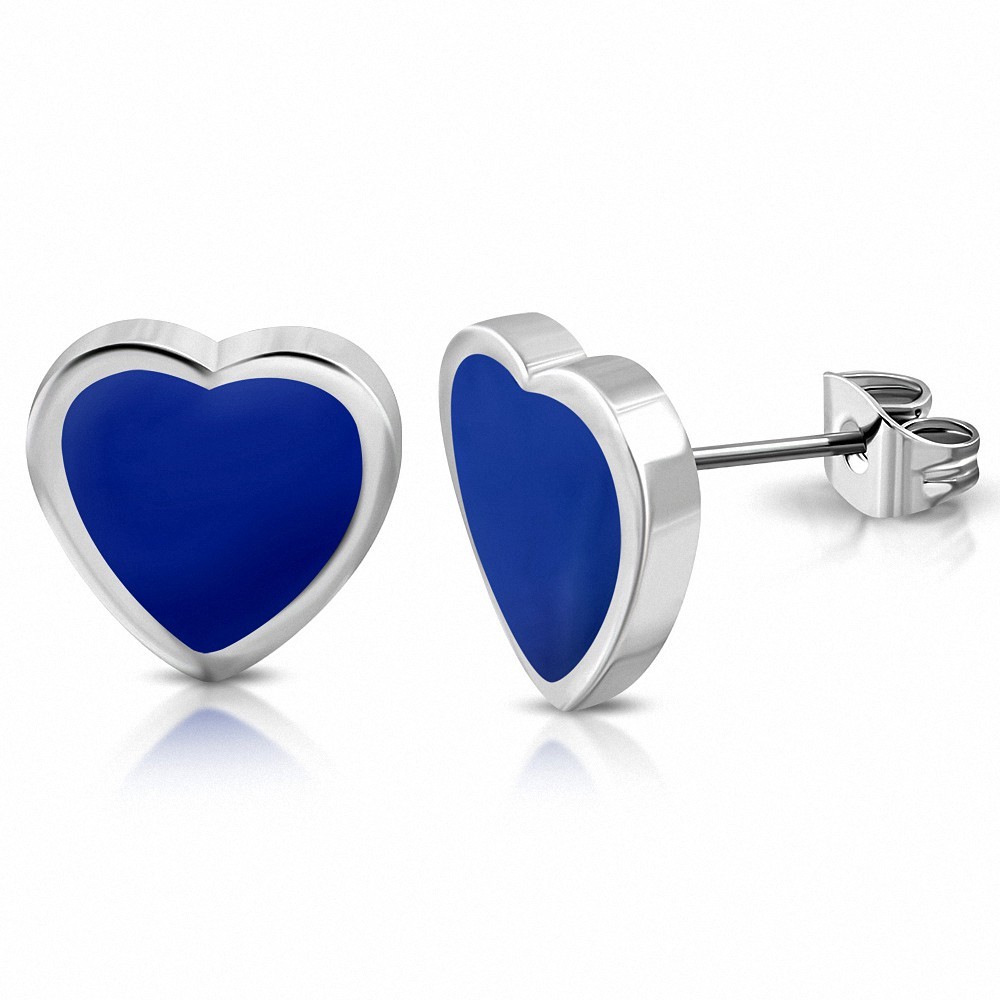 7mm | Boucles d'oreilles clous en forme de cœur d'amour en acier inoxydable émaillé bleu (paire)