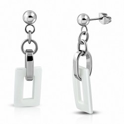 Boucles d'oreilles en acier inoxydable avec carré blanc et longue goutte en céramique (paire)