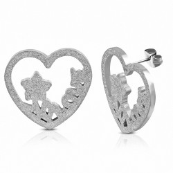 Boutons d'oreilles en cœur en acier inoxydable sablés avec motif de monogramme d'amour en forme d'étoile (paire)