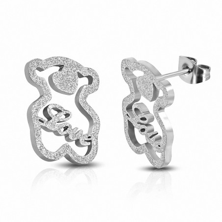 Boucles d'oreilles clous monogramme ourson sablé en acier inoxydable (paire)