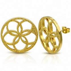 Boucles d'oreilles clous rondes en forme de cercle de fleurs découpées en acier inoxydable plaqué couleur or (paire)