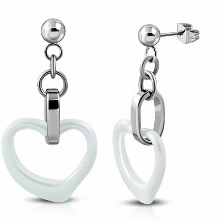 Boucles d'oreilles en acier inoxydable avec coeur blanc en forme de coeur et perles blanches (paire)