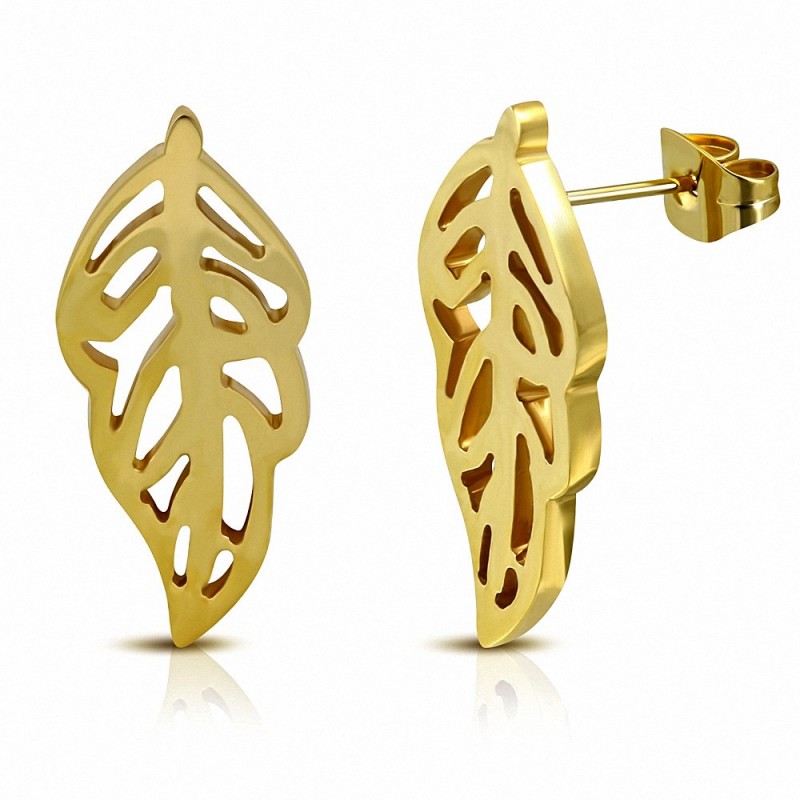 Boucles d'oreille en forme de feuille d'arbre en acier inoxydable plaqué de couleur d'or (paire)