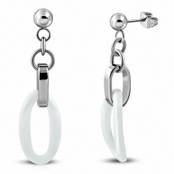 Boucles d'oreilles en acier inoxydable à long pendant en céramique ovale blanche (paire)