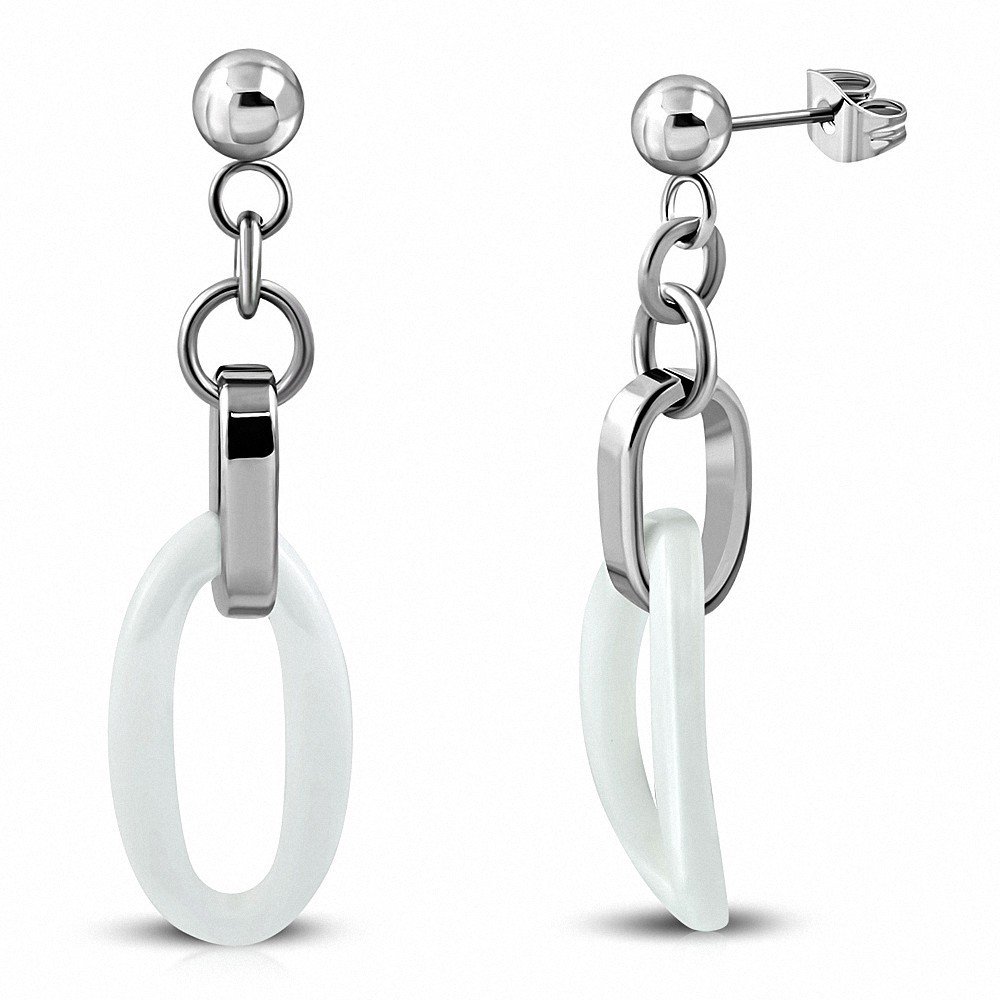 Boucles d'oreilles en acier inoxydable à long pendant en céramique ovale blanche (paire)