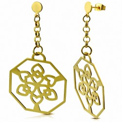 Pendants d'oreilles à goutte hexagonale en forme de cœur en acier inoxydable plaqué en couleur d'or (paire)