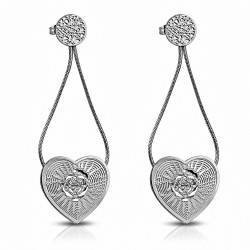 Boucles d'oreilles en filigrane en acier inoxydable avec fleurs roses et coeur en forme de goutte longue (paire)