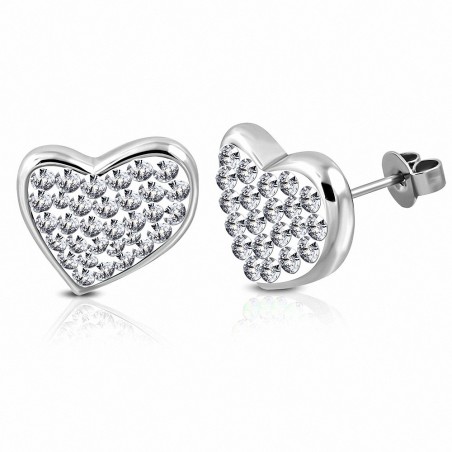 Boucles d'oreilles clous en forme de cœur avec cœur pavé en acier inoxydable avec CZ transparent (paire)