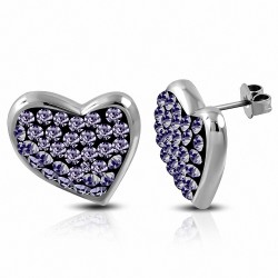Boucles d'oreilles clous en forme de cœur avec cœur pavé en acier inoxydable avec violet / violet CZ (paire)