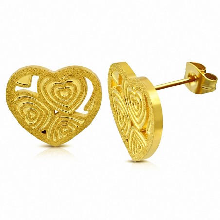 Boucles d'oreilles clous en forme de cœur d'amour concentriques en acier inoxydable doré