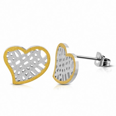 Boucles d'oreilles clous en forme de cœur à motif de cœur en grille d'acier inoxydable sablé 2 tons (paire)