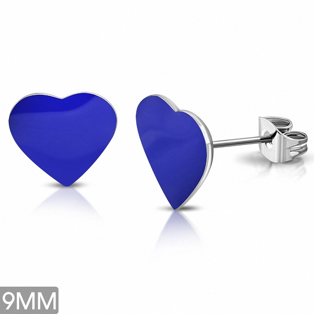 9mm | Boucles d'oreilles clous en acier inoxydable avec coeur bleu royal en acier inoxydable (paire)