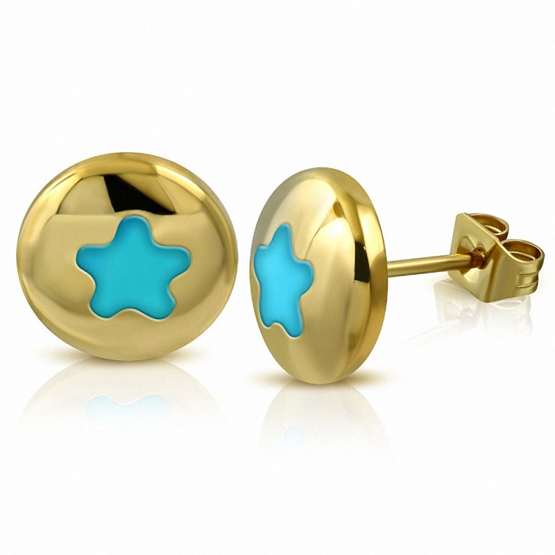 Boucles d'oreilles en argent avec cercle étoilé émaillé bleu ciel en acier inoxydable doré (paire)