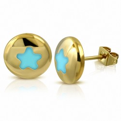 Boucles d'oreilles clous en forme d'étoile cercle émaillé bleu clair en acier inoxydable doré (paire)