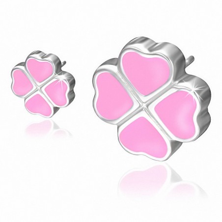 Boucles d'oreilles en forme de coeur de fleur de Shamrock en acier inoxydable émaillé rose clair (paire)