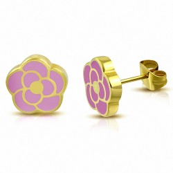 Boucles d'oreilles en forme de fleur de rose émaillé rose pâle en acier inoxydable plaqué de couleur d'or (paire)