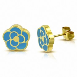Boucles d'oreilles en forme de fleur de rose émaillé bleu en acier inoxydable doré (paire)