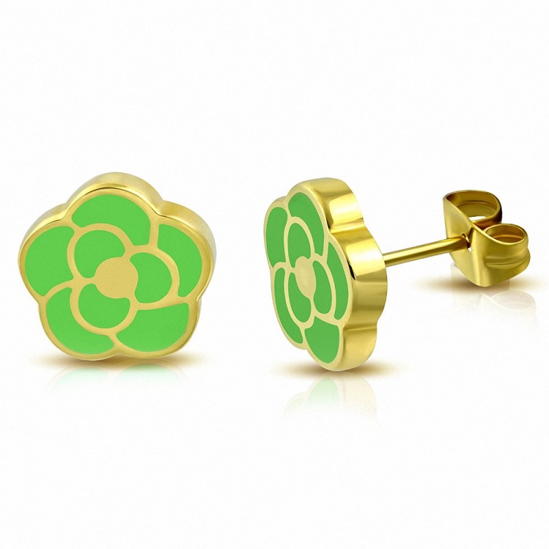 Boucles d'oreilles en forme de fleur de rose émaillé vert clair en acier inoxydable plaqué de couleur d'or (paire)