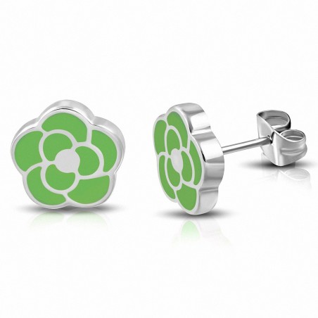 Boucles d'oreilles en forme de fleur de rose émaillée vert en acier inoxydable (paire)