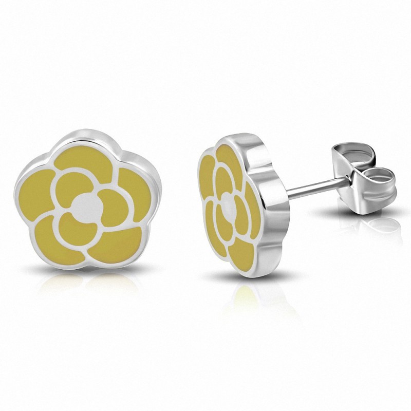 Boucles d'oreilles en forme de fleur de rose émaillée jaune en acier inoxydable (paire)