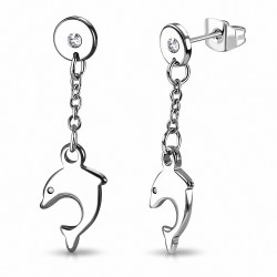 Boucles d'oreilles clous en acier inoxydable avec dolphin longues et cz transparentes (paire)