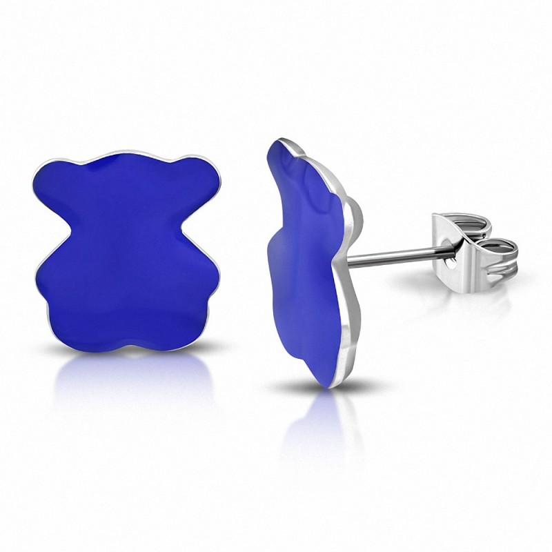 Boucles d'oreilles clous teddy-Bear  en acier inoxydable émaillé bleu (paire)