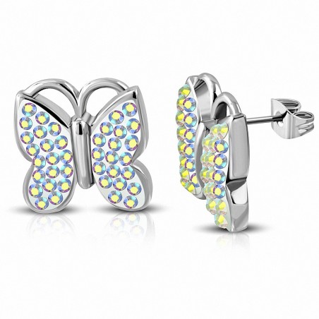 Boucles d'oreilles papillon en acier inoxydable avec papillon et Aurore Boreale CZ (paire)