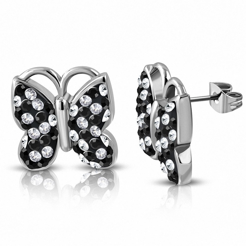 Boucles d'oreilles papillon en acier inoxydable avec papillon transparent / CZ noir (paire)